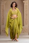 Buy_Meghna shah_Green Pure Mul Silk Embroidered Thread Scoop Foliage Blouse Dhoti Skirt Set _at_Aza_Fashions