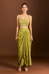 Buy_Meghna shah_Green Pure Mul Silk Embroidered Thread Scoop Foliage Blouse Dhoti Skirt Set 