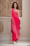 Buy_Meghna shah_Pink Pure Mul Silk Embroidered Thread Scoop Foliage Blouse Ombre Pant Set _at_Aza_Fashions