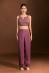 Shop_Meghna shah_Purple Pure Mul Silk Embroidered Thread Notched Foliage Blouse Pant Set _Online_at_Aza_Fashions