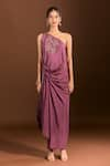 Meghna shah_Purple Pure Mul Silk Embroidered Thread One Floral Asymmetric Draped Gown _Online_at_Aza_Fashions