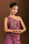 Buy_Meghna shah_Purple Pure Mul Silk Embroidered Thread One Floral Asymmetric Draped Gown _Online_at_Aza_Fashions