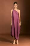 Buy_Meghna shah_Purple Pure Mul Silk Embroidered Thread One Floral Asymmetric Draped Gown 