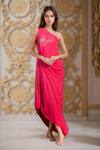 Buy_Meghna shah_Pink Pure Mul Silk Embroidered Thread One Asymmetric Floral Draped Gown _at_Aza_Fashions