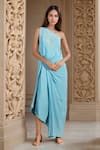 Buy_Meghna shah_Blue Pure Mul Silk Embroidered Thread One Floral Draped Asymmetric Gown _at_Aza_Fashions