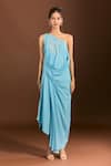 Buy_Meghna shah_Blue Pure Mul Silk Embroidered Thread One Floral Draped Asymmetric Gown 