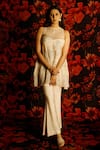 Buy_HOUSE OF TA-YA_Off White Cape Viscose Silk Embroidery Leaf Bustier Sweetheart Lotus Pant Set _at_Aza_Fashions