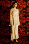 HOUSE OF TA-YA_Off White Cape Viscose Silk Embroidery Leaf Bustier Sweetheart Lotus Pant Set _Online_at_Aza_Fashions