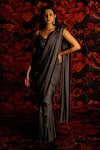 Buy_HOUSE OF TA-YA_Grey Satin Applique Floral U Neck Embroidered Pre-draped Saree With Blouse _at_Aza_Fashions