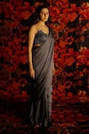 HOUSE OF TA-YA_Grey Satin Applique Floral U Neck Embroidered Pre-draped Saree With Blouse _Online_at_Aza_Fashions