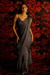 Buy_HOUSE OF TA-YA_Grey Satin Applique Floral U Neck Embroidered Pre-draped Saree With Blouse _Online_at_Aza_Fashions