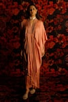 Buy_HOUSE OF TA-YA_Peach Satin Hand Embroidery Beads V Neck Kaftan With Pant _at_Aza_Fashions