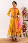 Buy_Rivaaj Clothing_Yellow Cotton, Kota Doria Sequins, Crest Handblock Print Tiered Anarkali Set _at_Aza_Fashions