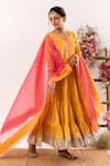 Rivaaj Clothing_Yellow Cotton, Kota Doria Sequins, Crest Handblock Print Tiered Anarkali Set _at_Aza_Fashions