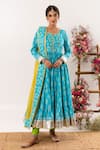 Buy_Rivaaj Clothing_Blue Cotton, Kota Doria Patti, Bloom Crest Handblock Print Anarkali Set _at_Aza_Fashions