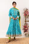 Rivaaj Clothing_Blue Cotton, Kota Doria Patti, Bloom Crest Handblock Print Anarkali Set _Online_at_Aza_Fashions