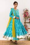 Rivaaj Clothing_Blue Cotton, Kota Doria Patti, Bloom Crest Handblock Print Anarkali Set _at_Aza_Fashions