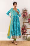 Shop_Rivaaj Clothing_Blue Cotton, Kota Doria Patti, Bloom Crest Handblock Print Anarkali Set 