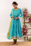 Rivaaj Clothing_Blue Cotton, Kota Doria Patti, Bloom Crest Handblock Print Anarkali Set _Online