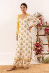 Shop_Rivaaj Clothing_Yellow Cotton Handblock Print Blossom V Neck Nayab Kurta And Palazzo Pant Set 