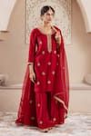 Shop_Rivaaj Clothing_Maroon Modal Silk Embroidery Floret Motif Round Gulnaz Buti Kurta Sharara Set _at_Aza_Fashions