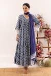 Buy_Rivaaj Clothing_Blue Cotton Handblock Print Tulip V Neck Tiered Anarkali Set _at_Aza_Fashions