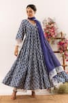 Shop_Rivaaj Clothing_Blue Cotton Handblock Print Tulip V Neck Tiered Anarkali Set _at_Aza_Fashions