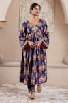 Shop_Rivaaj Clothing_Blue Velvet Printed Botanical V Neck Firgun Flower Anarkali And Pant Set _Online_at_Aza_Fashions