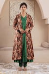 Buy_Rivaaj Clothing_Brown Velvet Foil Printed Floral Open Firgun Jacket Anarkali Set _at_Aza_Fashions