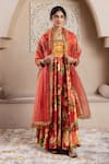 Buy_Rivaaj Clothing_Orange Velvet Printed Botanical Square Neck Firgun Anarkali Pant Set _at_Aza_Fashions