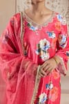 Rivaaj Clothing_Peach Velvet Printed Bouquet V Neck Firgun Kurta Set _at_Aza_Fashions