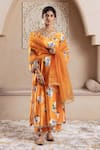 Buy_Rivaaj Clothing_Orange Velvet Printed Bouquet V Neck Firgun Floral Kurta Pant Set _at_Aza_Fashions