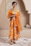 Rivaaj Clothing_Orange Velvet Printed Bouquet V Neck Firgun Floral Kurta Pant Set _Online_at_Aza_Fashions