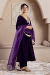 Rivaaj Clothing_Purple Velvet Embroidery Zardozi V Neck Firgun Neckline Kurta Set _Online_at_Aza_Fashions