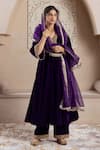 Rivaaj Clothing_Purple Velvet Embroidery Zardozi V Neck Firgun Neckline Kurta Set _at_Aza_Fashions