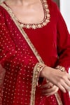 Rivaaj Clothing_Maroon Velvet Embroidery Gota Patti Round Khwabidah Neckline Anarkali Set _at_Aza_Fashions