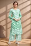 Buy_Samyukta Singhania_Green Glazed Cotton Embroidered Thread Notched Floral Printed Kurta And Pant Set _at_Aza_Fashions