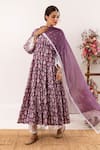 Rivaaj Clothing_Purple Cotton Handblock Print Ornate Bloom V Neck Anarkali Set _at_Aza_Fashions