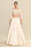 Buy_Kalighata_Ivory Chanderi Hand Embroidery Floral Boat Neck Sage Blouse And Lehenga Set _Online_at_Aza_Fashions