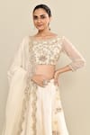 Shop_Kalighata_Ivory Chanderi Hand Embroidery Floral Boat Neck Sage Blouse And Lehenga Set 