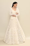 Buy_Kalighata_Ivory Organza Embroidery Floral Plunge Scoop Neck Sunrise Draped Gown 