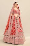 Shop_Kalighata_Red Raw Silk Hand Embroidery Floral Paan Neck Jeevika Bridal Lehenga Set _Online_at_Aza_Fashions