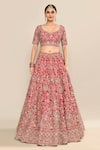 Buy_Kalighata_Pink Raw Silk Hand Embroidery Floral Paan Neck Aasmani Bridal Lehenga Set _Online_at_Aza_Fashions