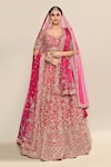 Shop_Kalighata_Pink Raw Silk Hand Embroidery Floral Paan Neck Aasmani Bridal Lehenga Set _Online_at_Aza_Fashions