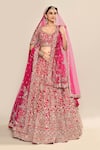 Kalighata_Pink Raw Silk Hand Embroidery Floral Paan Neck Aasmani Bridal Lehenga Set _at_Aza_Fashions