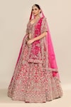 Buy_Kalighata_Pink Raw Silk Hand Embroidery Floral Paan Neck Aasmani Bridal Lehenga Set 