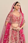 Shop_Kalighata_Pink Raw Silk Hand Embroidery Floral Paan Neck Aasmani Bridal Lehenga Set 