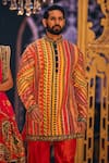 The Royaleum_Multi Color Silk Hand Embroidered Stripe Umair Kurta With Pant _at_Aza_Fashions