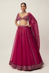 Buy_Vvani by Vani Vats_Red Lehenga And Dupatta Net Embroidery Sequin Scallop V Neck Panelled Set _at_Aza_Fashions