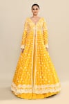 Kalighata_Yellow Chanderi Embroidery Floral Plunge V Neck Sunrise Anarkali With Lehenga _Online_at_Aza_Fashions